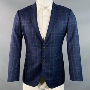 BROOKLYN TAILORS Size 38 Regular Blue Plaid Wool Notch Lapel Sport Coat